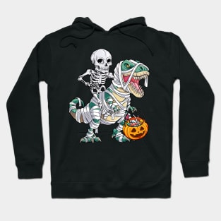 Skeleton riding mummy dinosaur t rex halloween kids boys men Hoodie